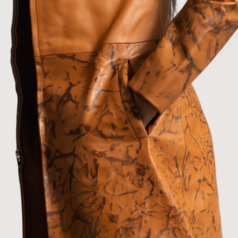 Womens Sandy Tan Dye Leather Coat Close-Up-9-1664357550395